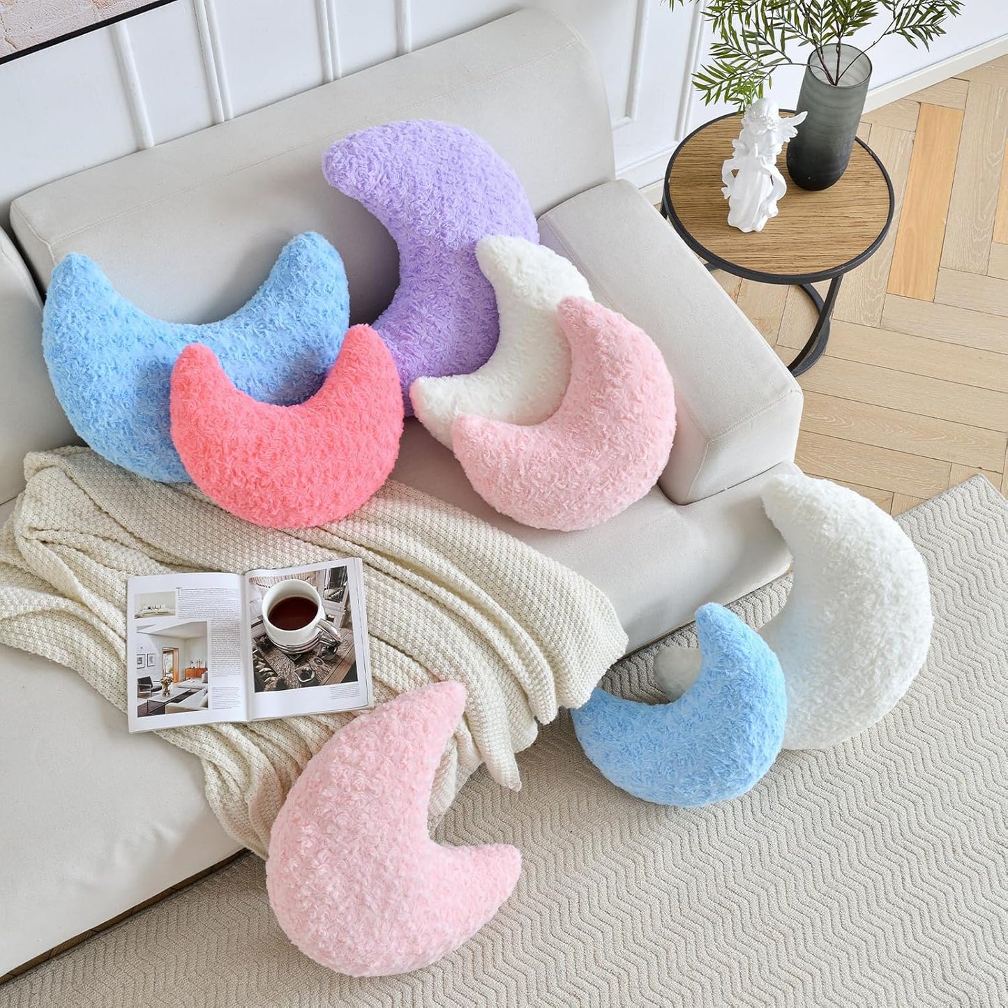 Moon Shaped Pillow with Soft Faux Fur for Couch (14.9 Inches, White)