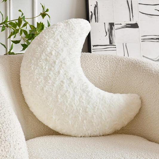 Moon Shaped Pillow with Soft Faux Fur for Couch (14.9 Inches, White)
