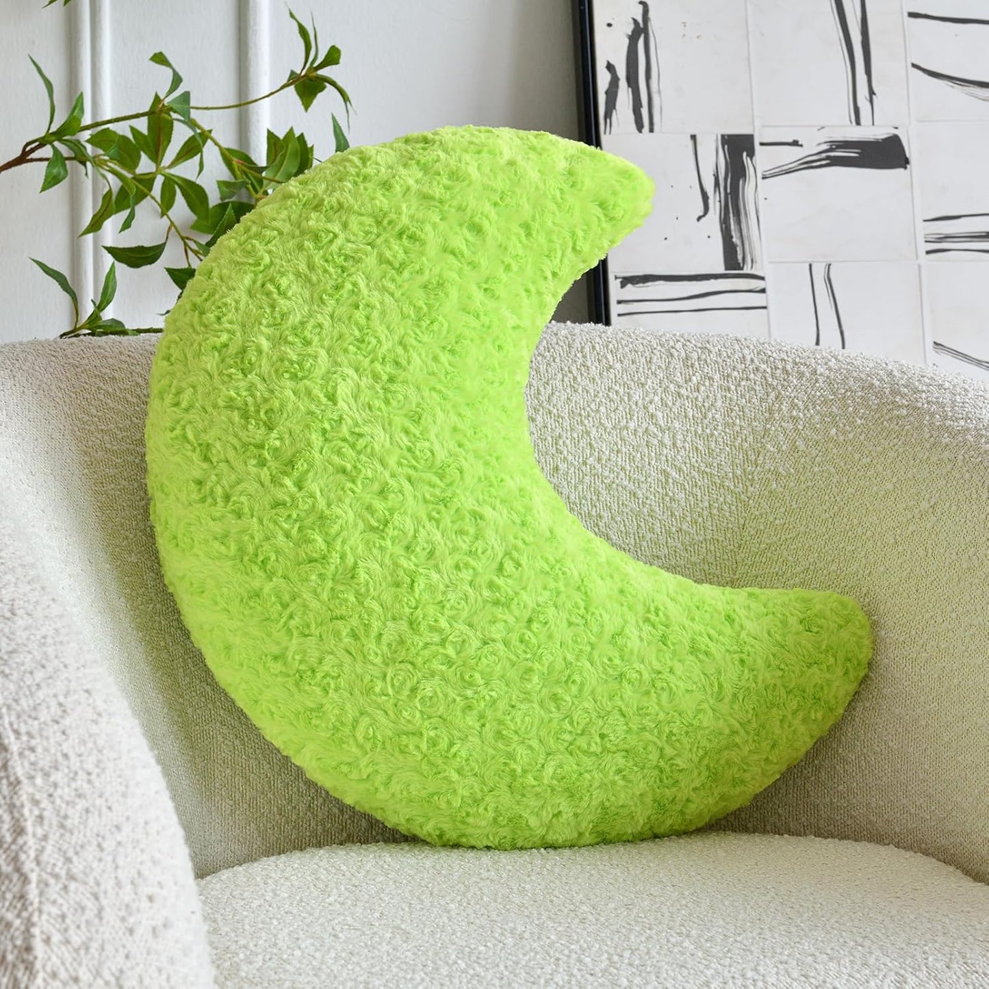 Moon Shaped Pillow with Soft Faux Fur for Couch (14.9 Inches, White)