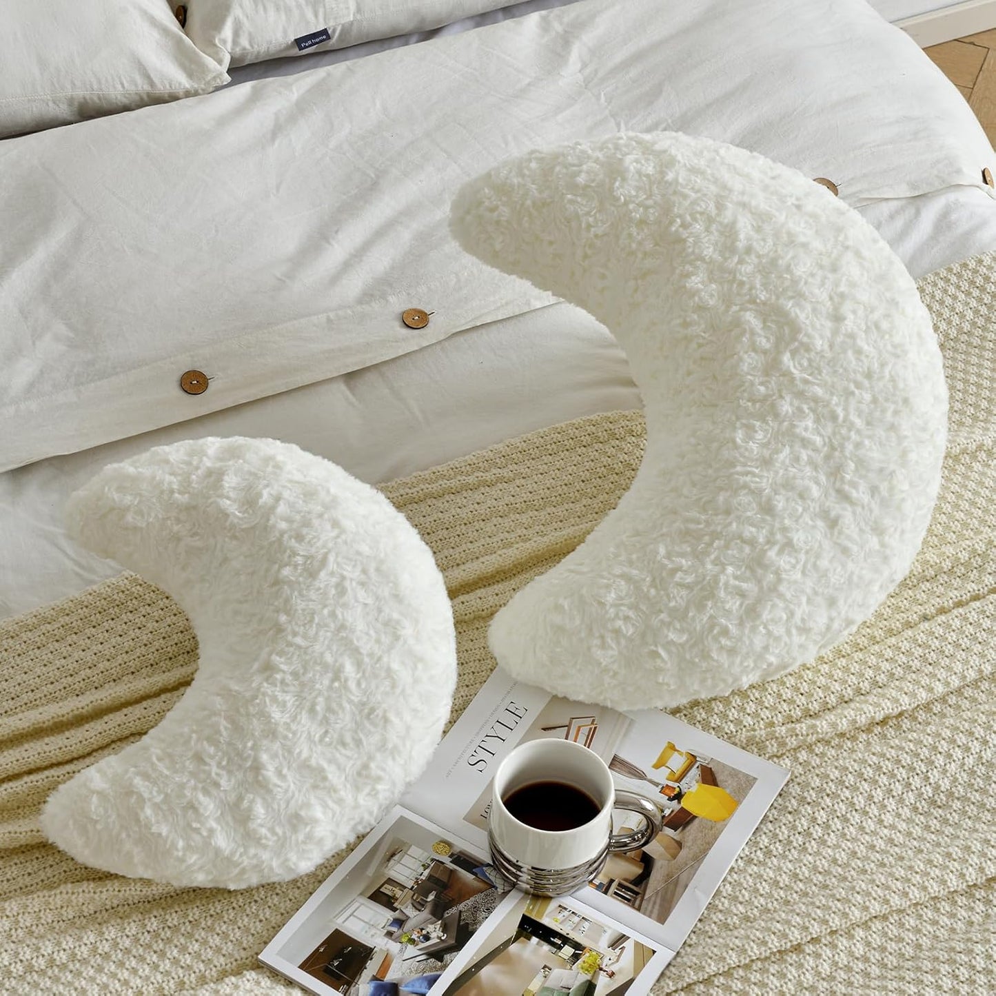 Moon Shaped Pillow with Soft Faux Fur for Couch (14.9 Inches, White)