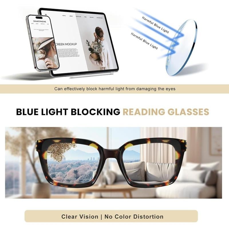 3 Pack Tortoiseshell Reading Glasses – Blue Light Blocking Oversized Square Readers