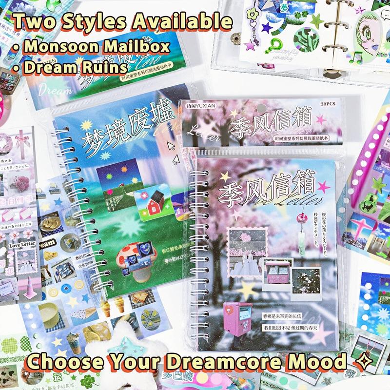 2 Styles 30 Sheets Dreamcore Aesthetic Sticker Book – Frutiger Aero-Inspired Die-Cut Glossy/Matte Textured Stickers