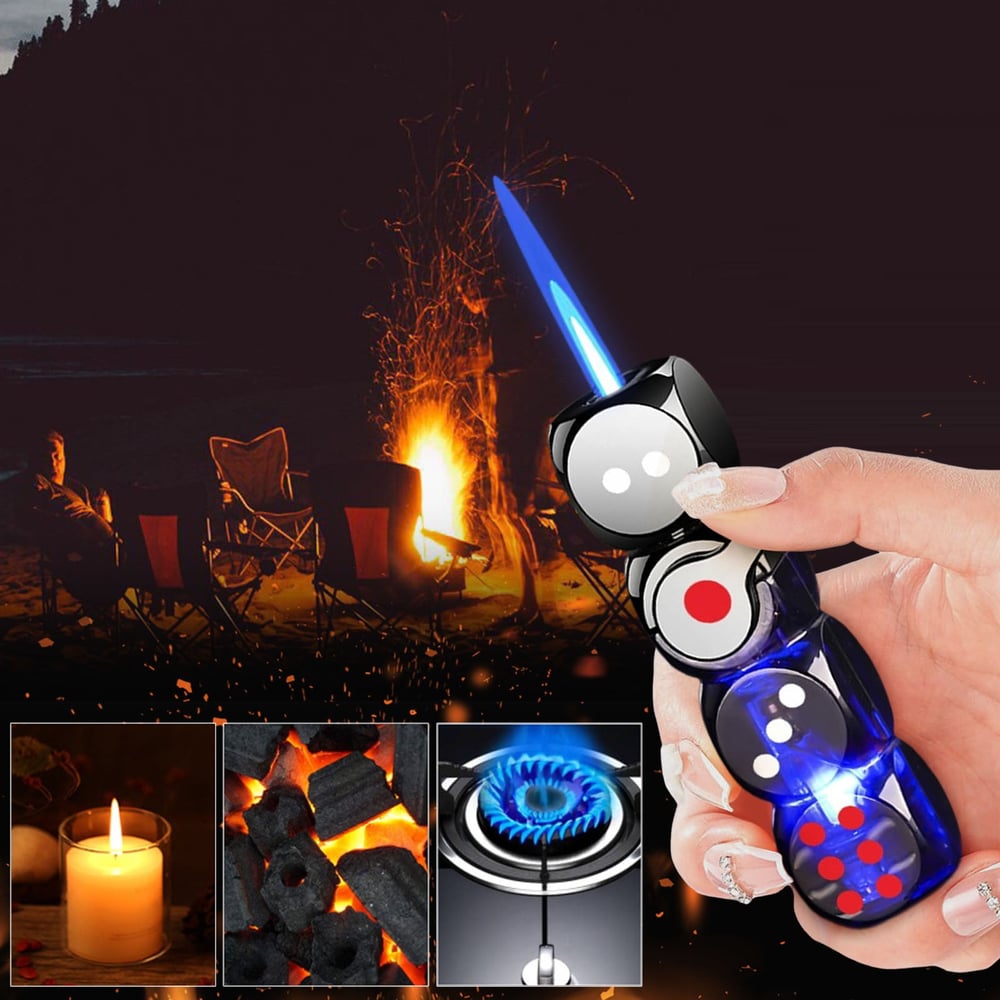 🎲 360° Spinning Dice Lighter 🔥 Windproof Jet Blue Flame, LED, Refillable EDC Gadget