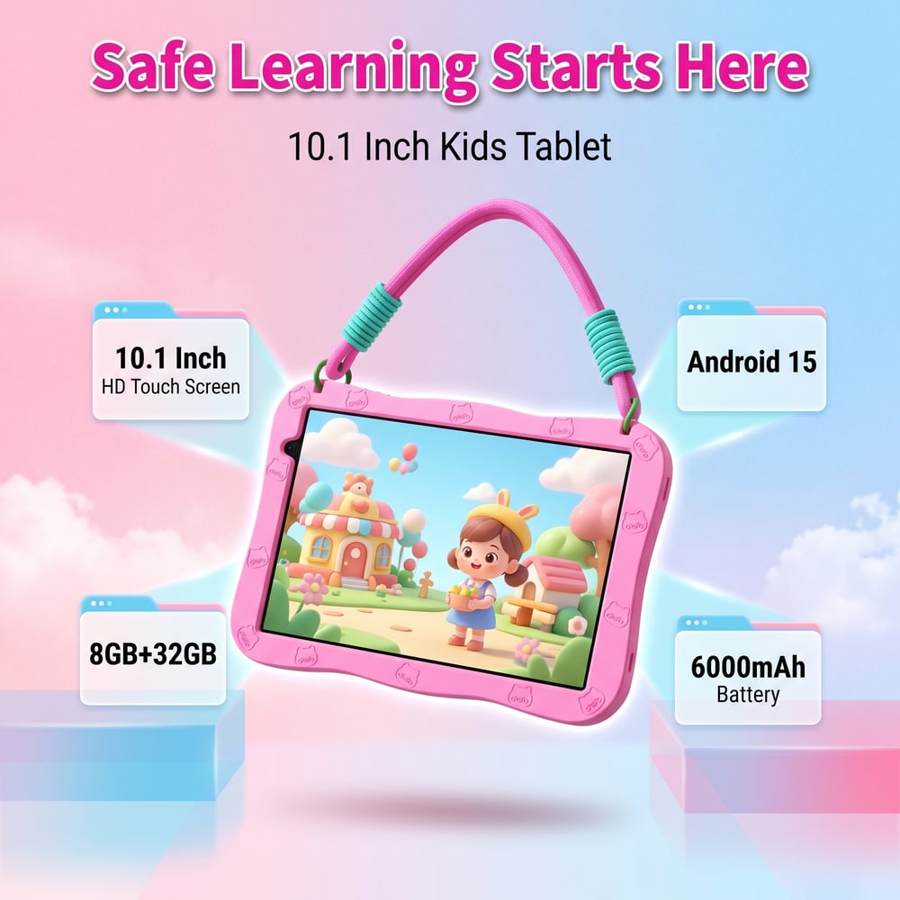 10.1 Inch Kids Tablet Android 15 8GB+32GB 6000mAh Shockproof Silicone Case Educational Tablet for Toddlers 📚