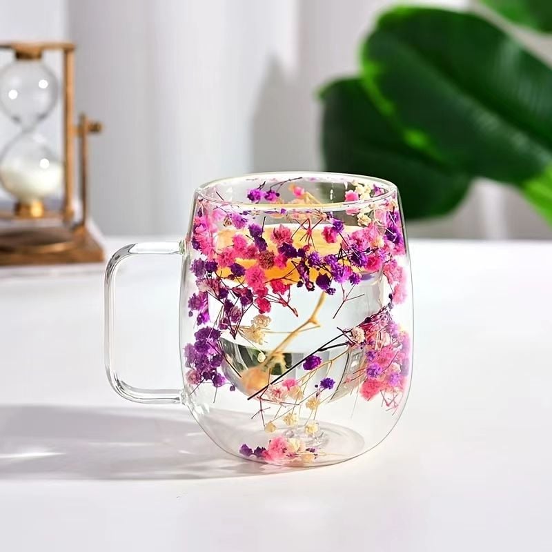Transparent Double Glass Flower Tea Cup 350 ml