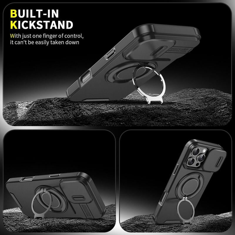 Case with Slide Camera Cover & Rotatable Ring Kickstand,  Grade Shockproof Protective Case for iPhone 11/12/13/14/15/16/17 Series