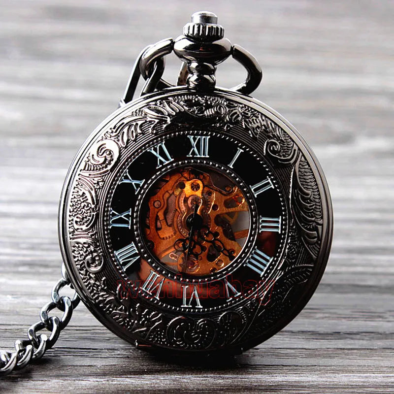 Retro Hand Wind Mechanical Pocket Watch With Fob Chain Mens Hollow Skeleton Dial Black Steel Fashion Quartz Pocket Watch Gifts