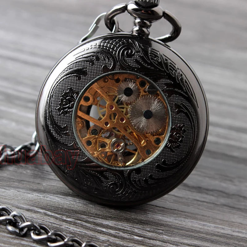 Retro Hand Wind Mechanical Pocket Watch With Fob Chain Mens Hollow Skeleton Dial Black Steel Fashion Quartz Pocket Watch Gifts