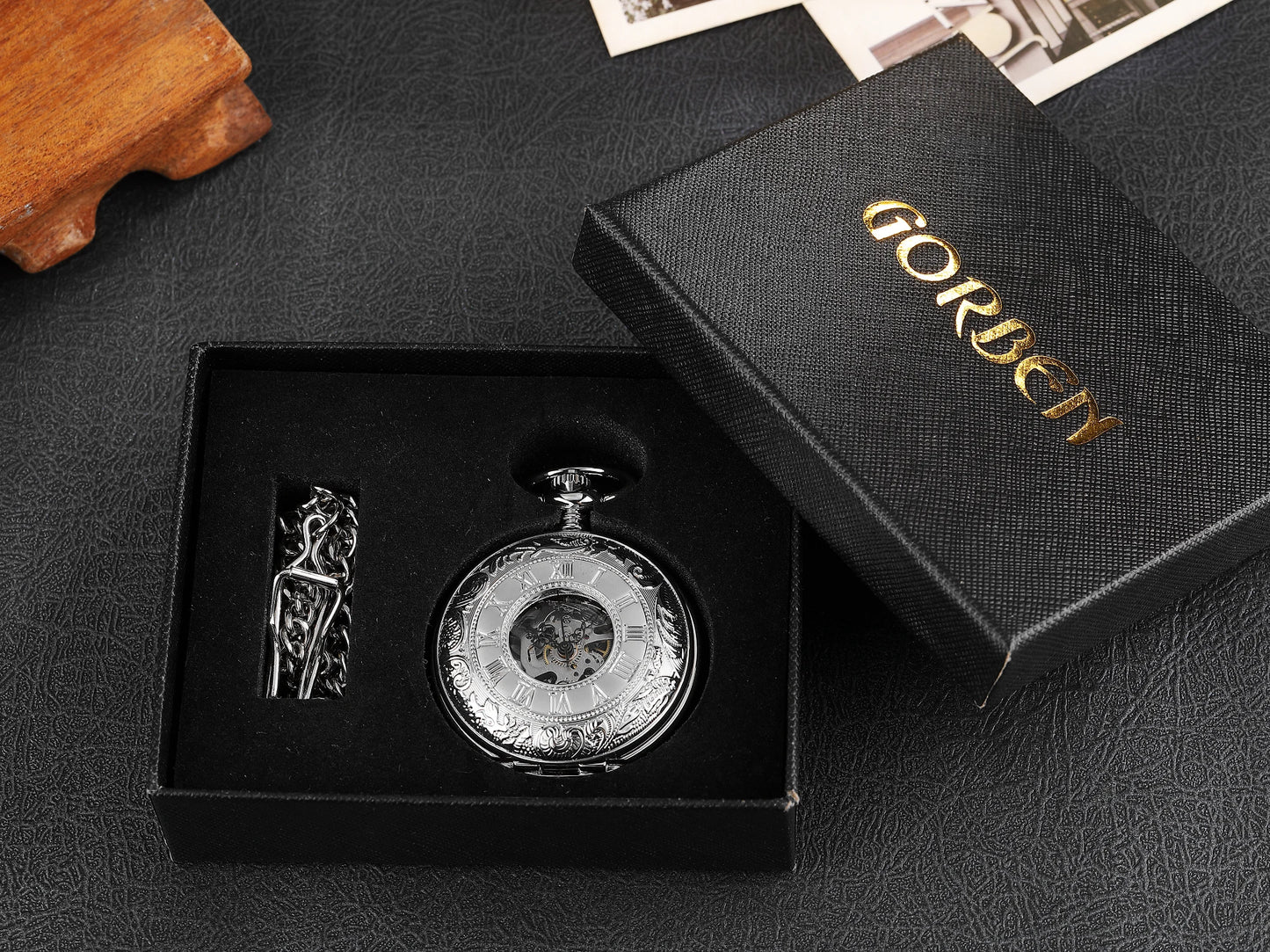 Retro Hand Wind Mechanical Pocket Watch With Fob Chain Mens Hollow Skeleton Dial Black Steel Fashion Quartz Pocket Watch Gifts