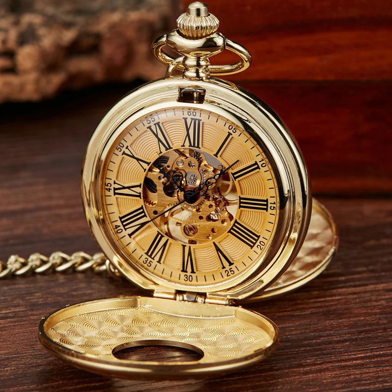 Retro Hand Wind Mechanical Pocket Watch With Fob Chain Mens Hollow Skeleton Dial Black Steel Fashion Quartz Pocket Watch Gifts