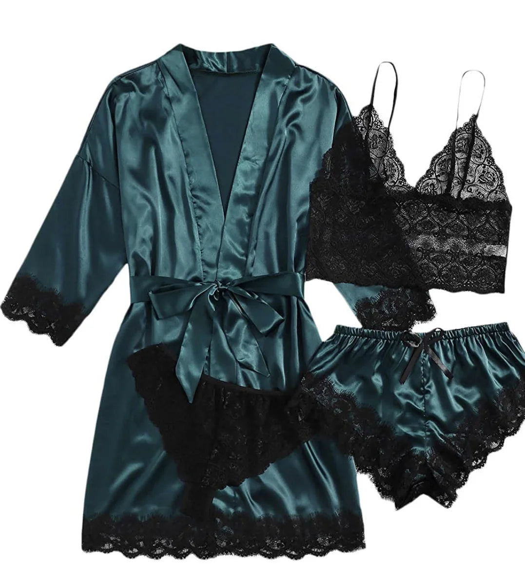 4pcs Women Striped Lingerie Set Lace Trim Robe Camisole Shorts Panties Nightwear Sleepwear