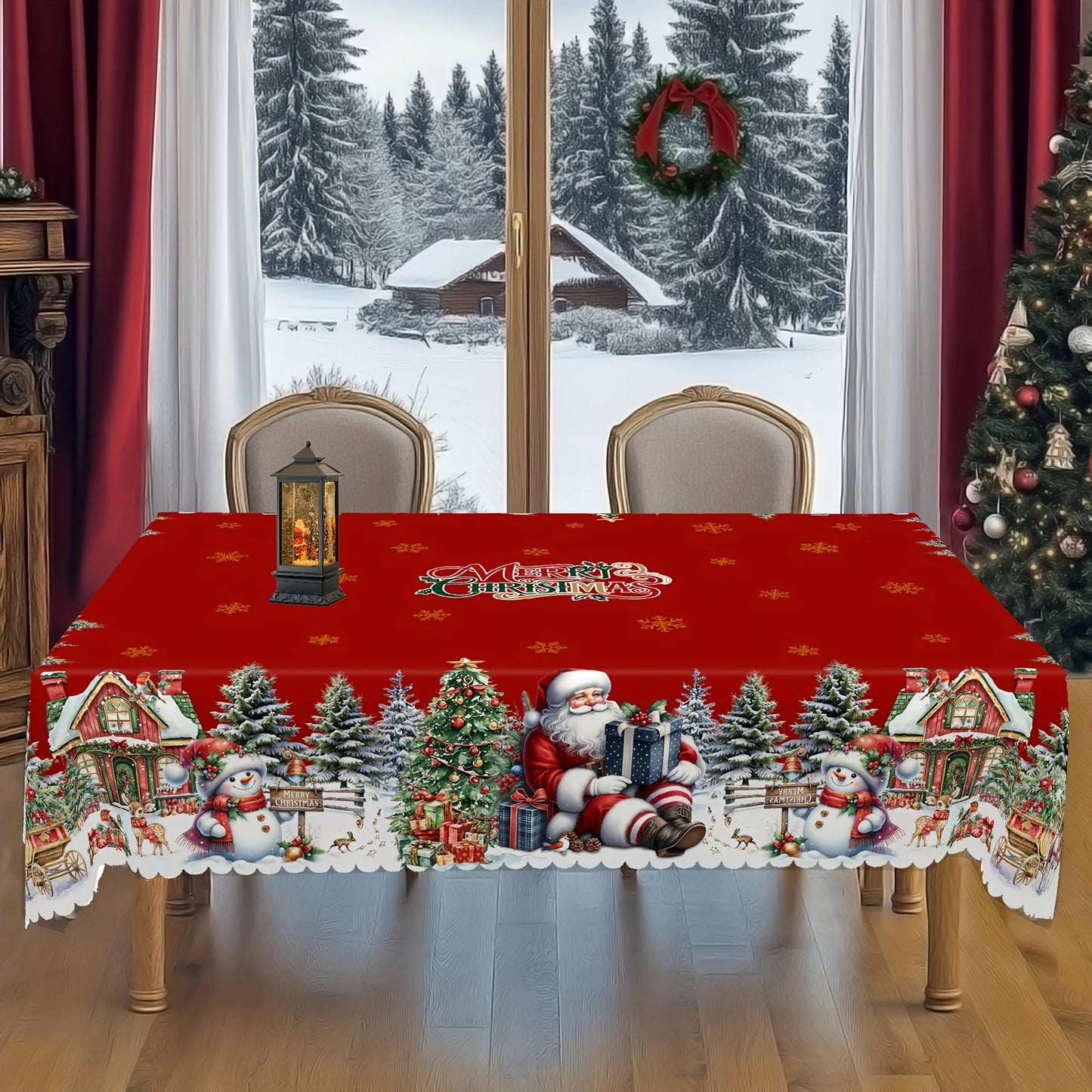 Christmas Themed Circular Rectangular Tablecloth Polyester Fiber Santa Claus Table Decoration