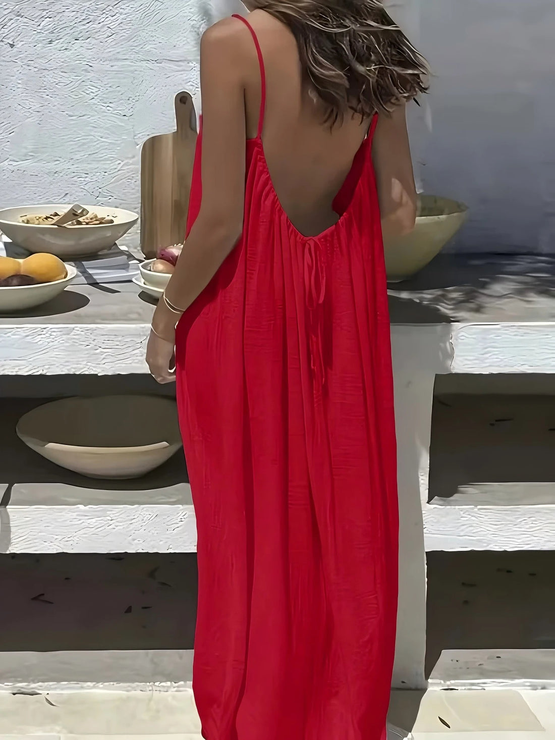Backless Spaghetti Strap Cotton Long Dress