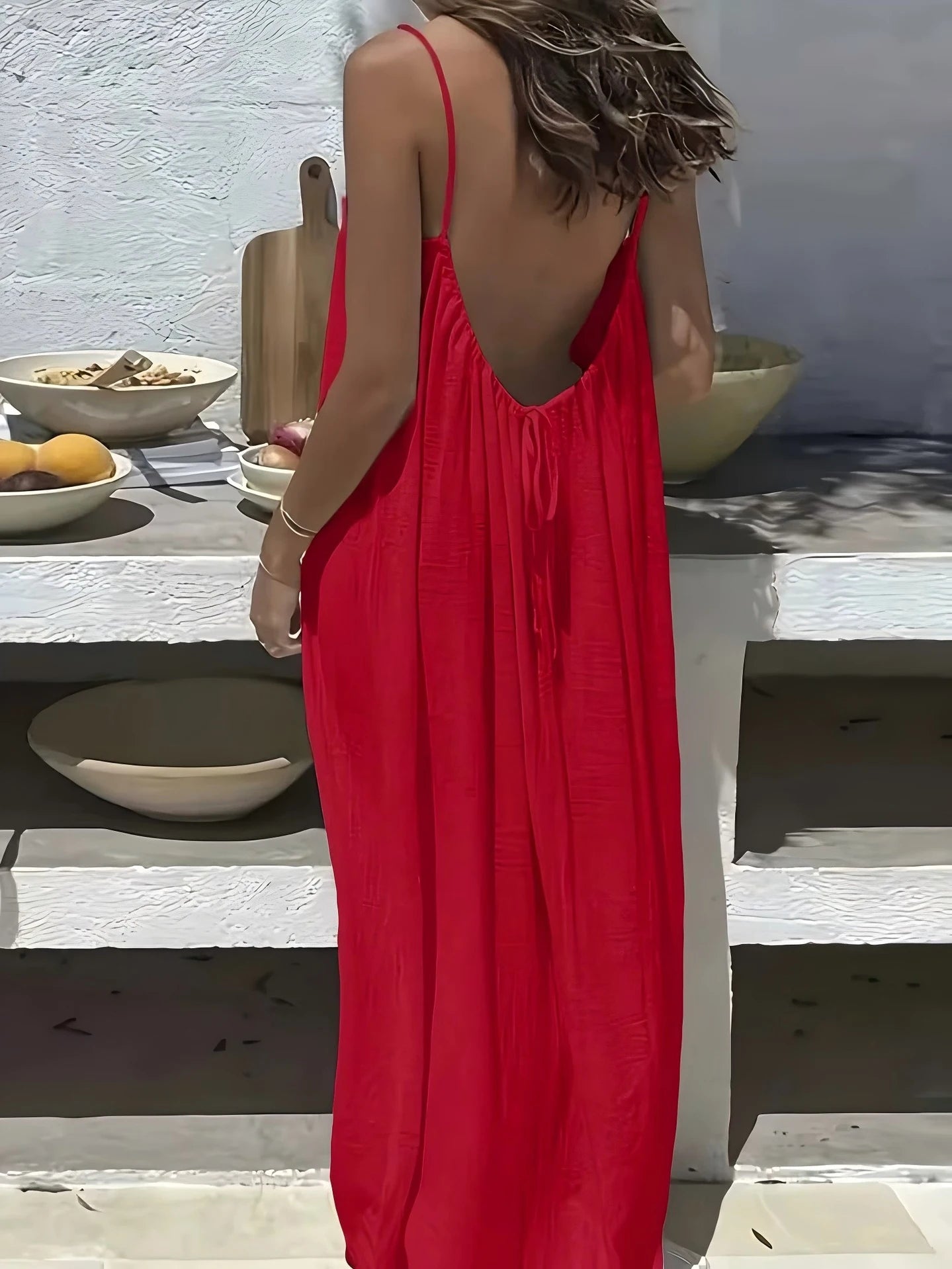 Backless Spaghetti Strap Cotton Long Dress