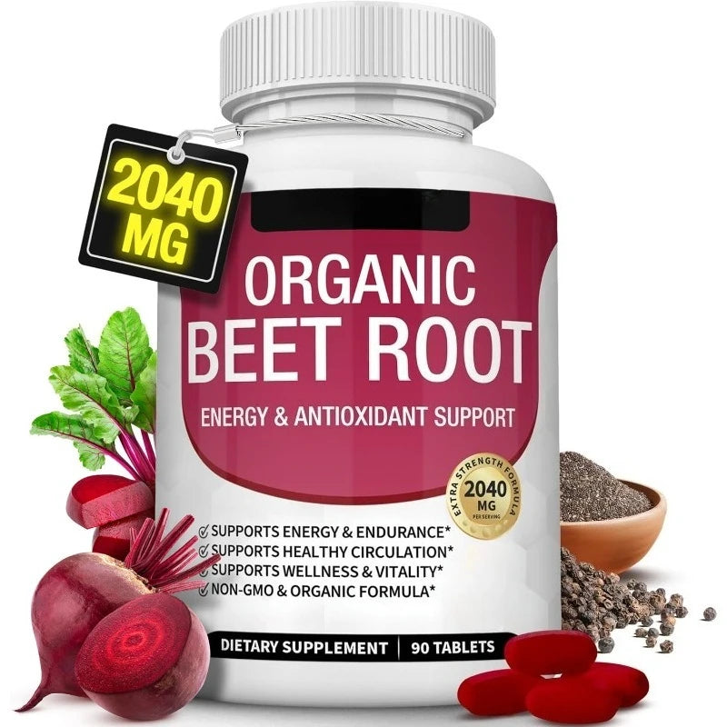Organic Beet Root with Black Pepper Natural Energy Boost Immune Support Antioxidant Supplement Non-GMO Gluten Free 90 Tablets