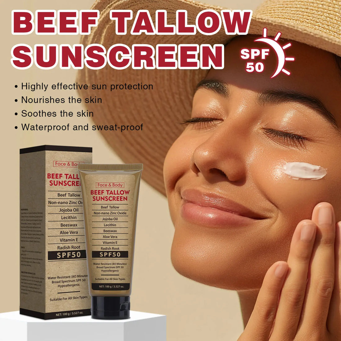 Organic Grass-Fed Beef Tallow Sunscreen SPF50 Long-lasting Sun Protection Face & Body Sunscreen Waterproof and Sweat-proof