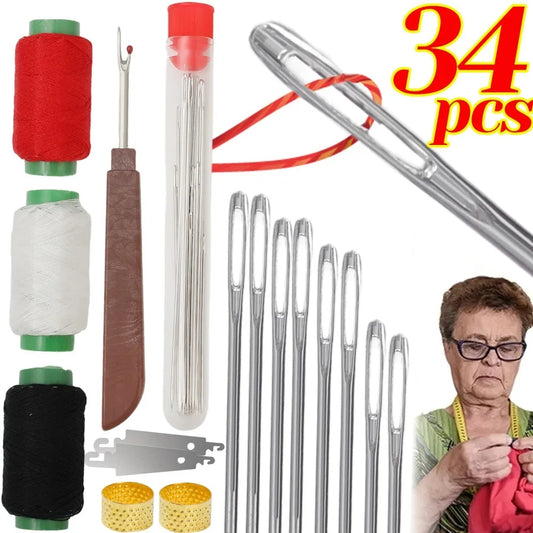 34PCS Big Eye Steel Needles Set - Long & Thin Handmade Quilting & Sewing Needles Kit for DIY Sewing Projects