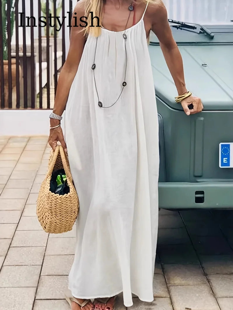 Backless Spaghetti Strap Cotton Long Dress