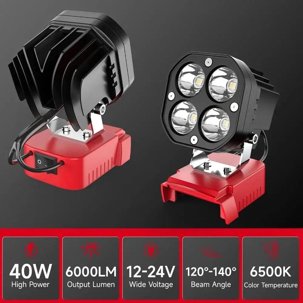 Portable 40W LED Work Light 6000LM 12-24V Battery Spotlight 6500K Garage Light for Milwaukee M18 Construction