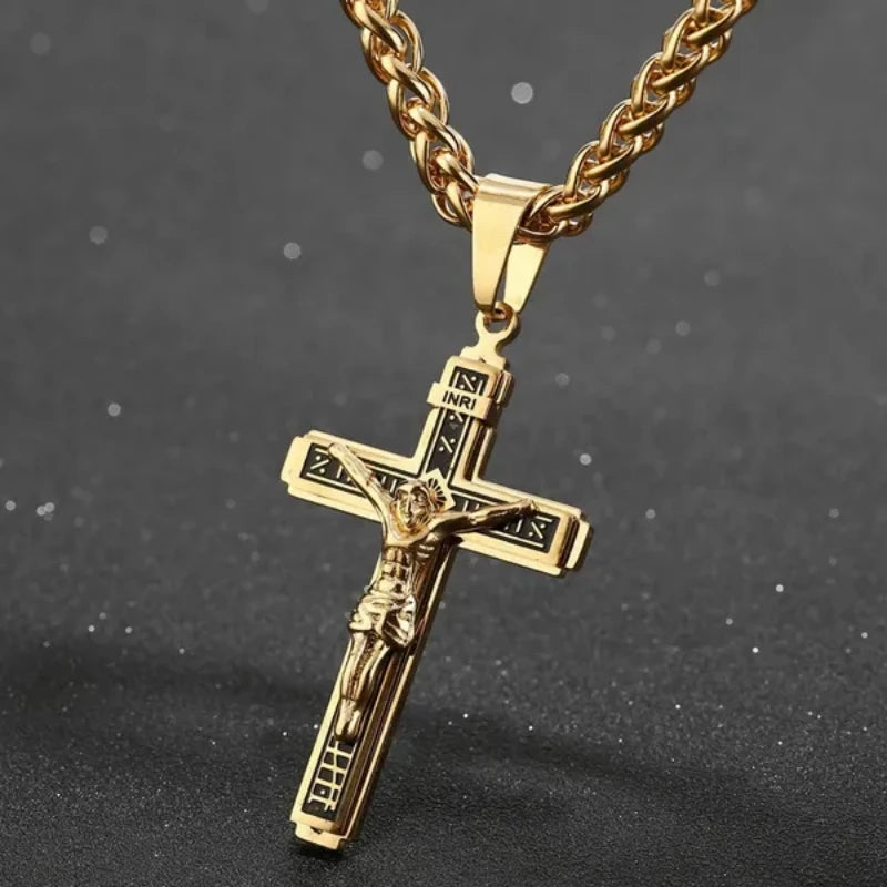 Premium 3D Engraved Stainless Steel Cross Necklace For Men Faith Jewelry, Waterproof & Sweatproof, No Fading Or Discoloration