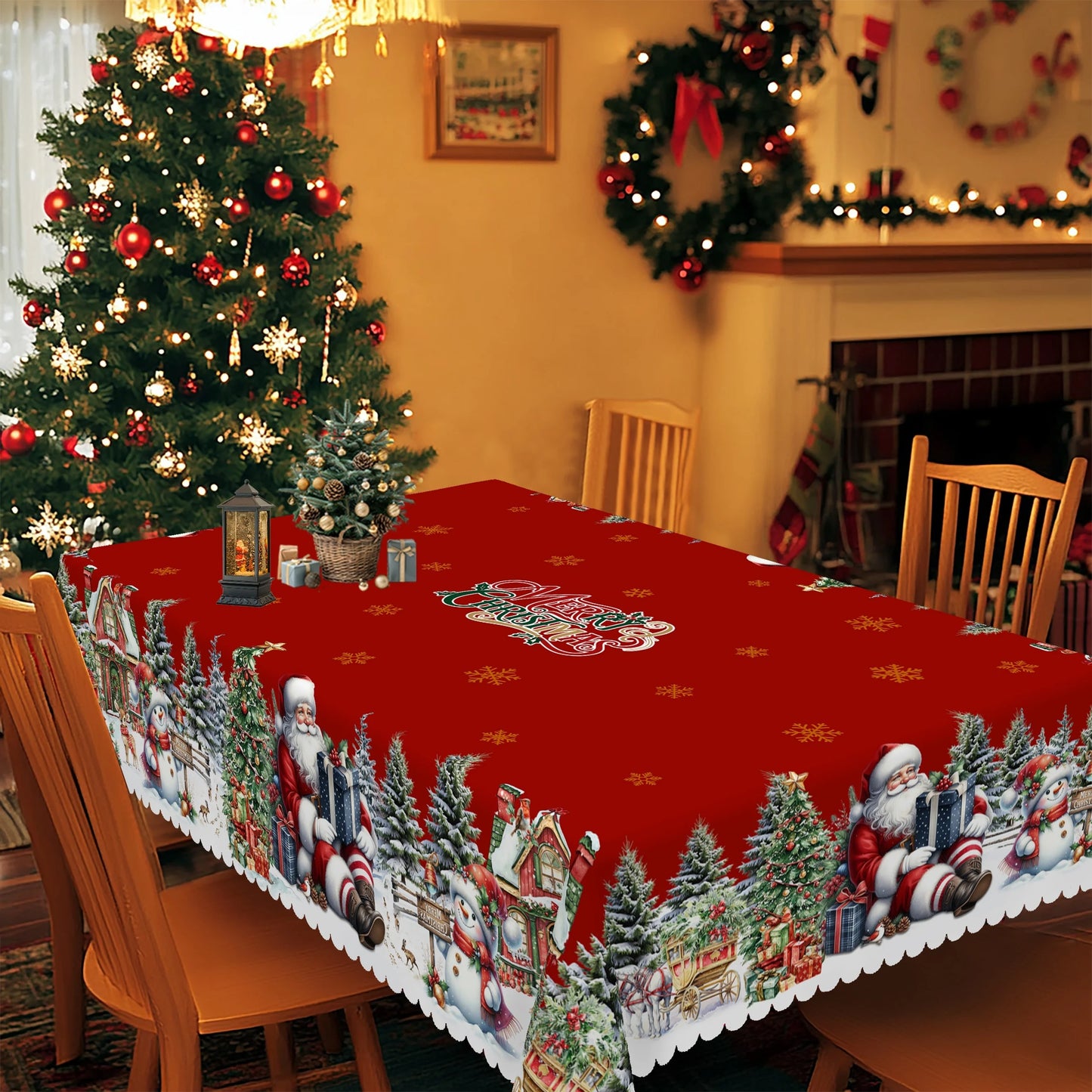 Christmas Themed Circular Rectangular Tablecloth Polyester Fiber Santa Claus Table Decoration