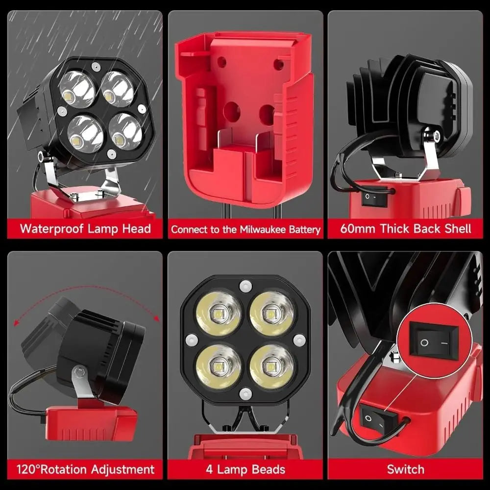 Portable 40W LED Work Light 6000LM 12-24V Battery Spotlight 6500K Garage Light for Milwaukee M18 Construction