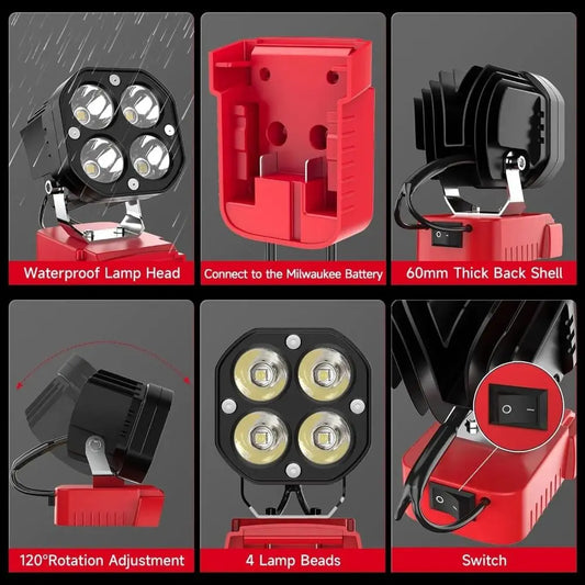 Portable 40W LED Work Light 6000LM 12-24V Battery Spotlight 6500K Garage Light for Milwaukee M18 Construction