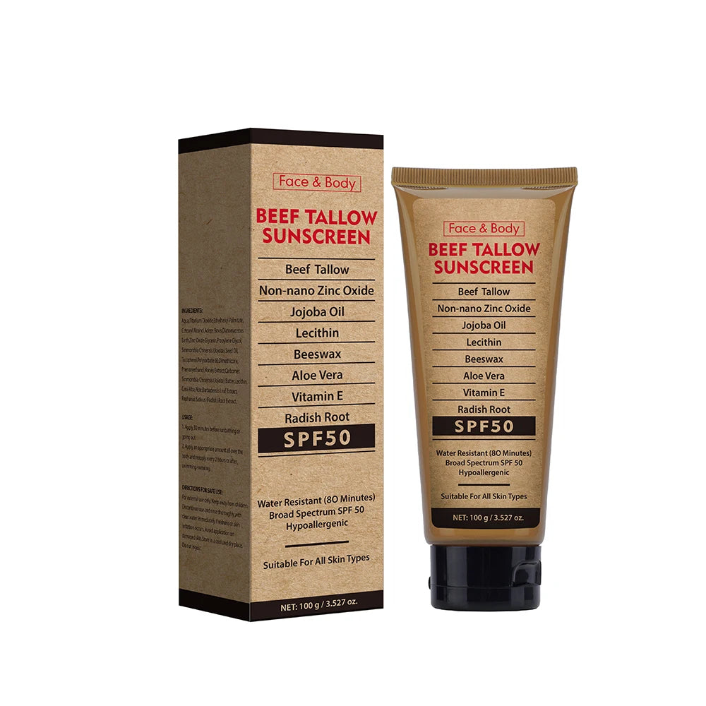 Organic Grass-Fed Beef Tallow Sunscreen SPF50 Long-lasting Sun Protection Face & Body Sunscreen Waterproof and Sweat-proof
