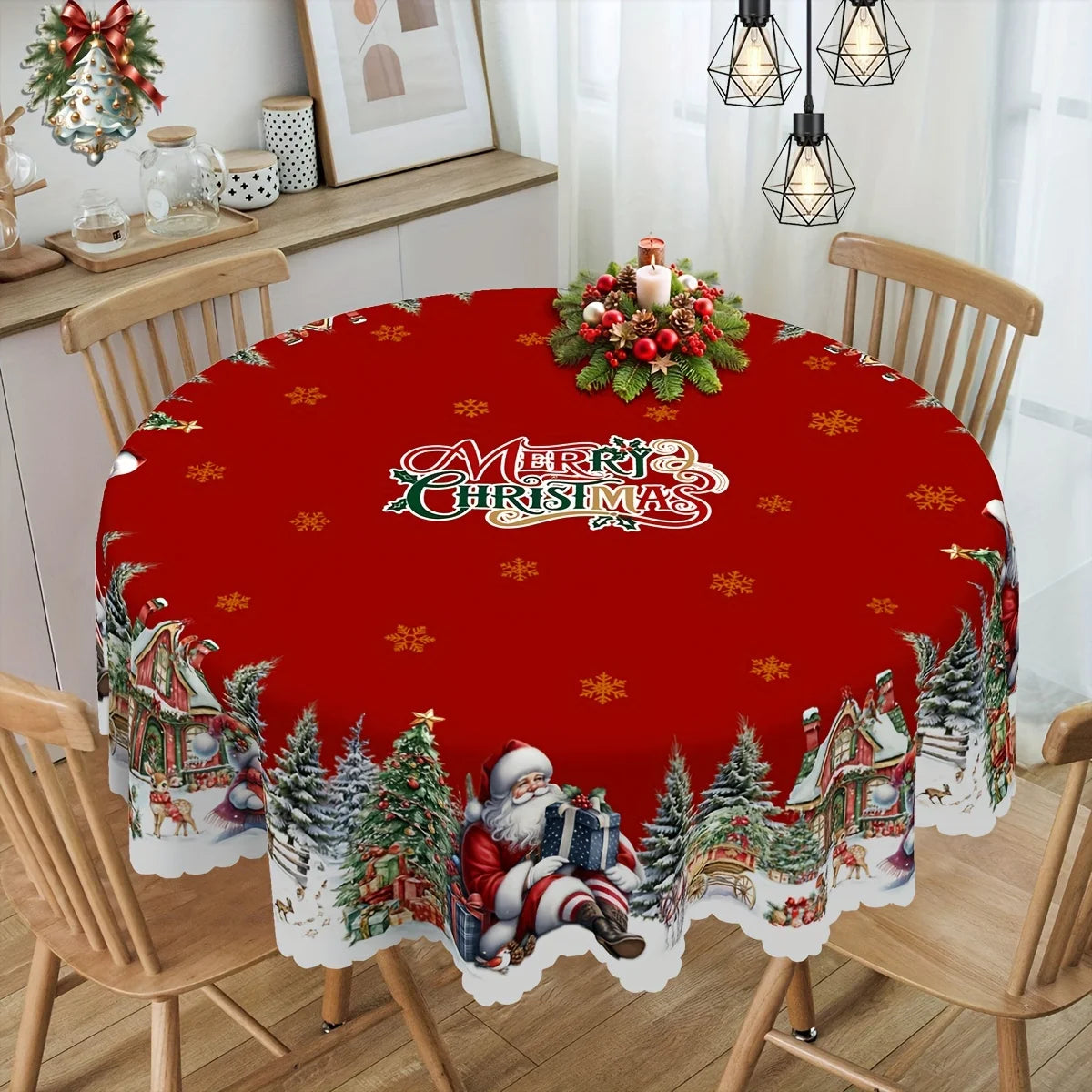 Christmas Themed Circular Rectangular Tablecloth Polyester Fiber Santa Claus Table Decoration