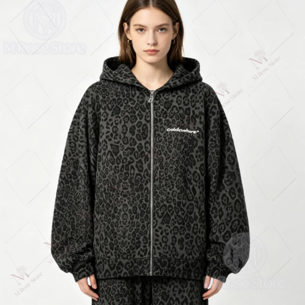 Retro Leopard Print Zipper Hoodie Sweatshirt Loose Casual Sportswear  Style Comfortable Streetwear