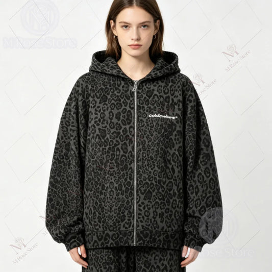 Retro Leopard Print Zipper Hoodie Sweatshirt Loose Casual Sportswear  Style Comfortable Streetwear