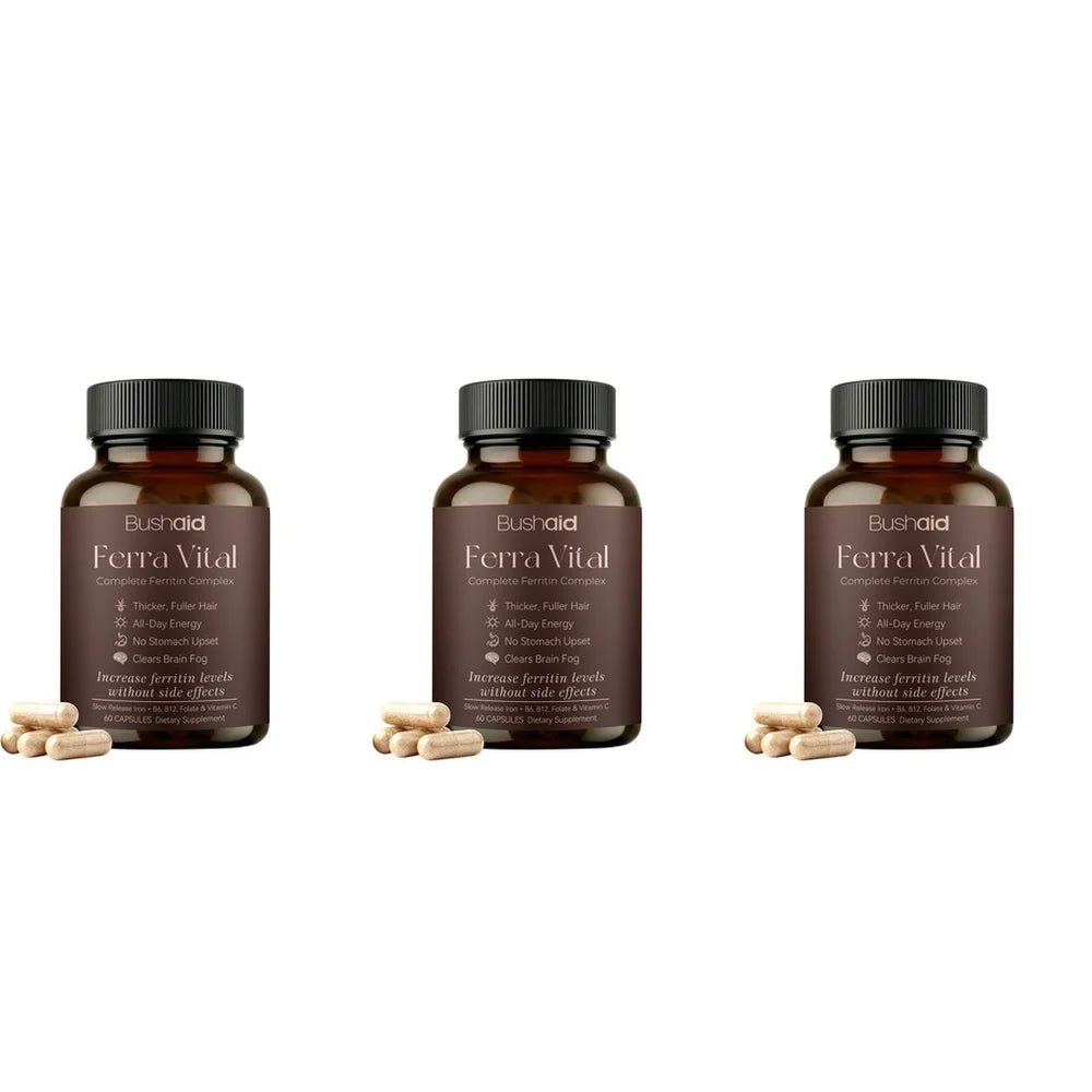 BushAid Ferra Vital Hair+ Capsules with Slow Release Iron, Zinc, Vitamins C, B6, B12, Folate for Strength and Shine 60 Capsules