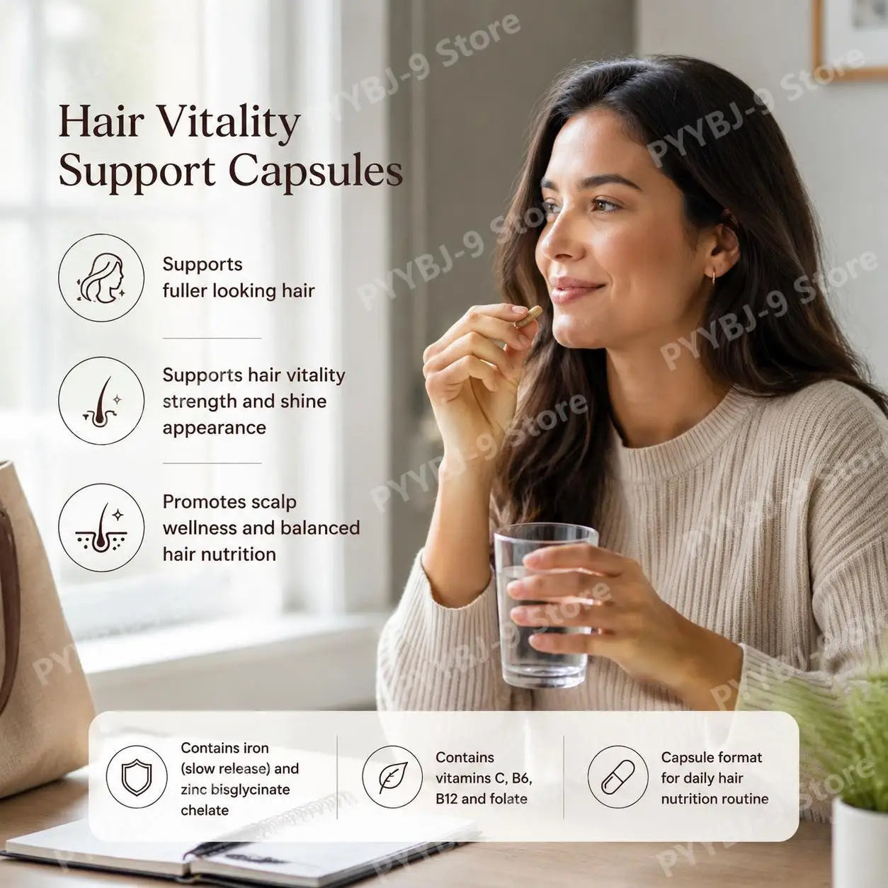 BushAid Ferra Vital Hair+ Capsules with Slow Release Iron, Zinc, Vitamins C, B6, B12, Folate for Strength and Shine 60 Capsules