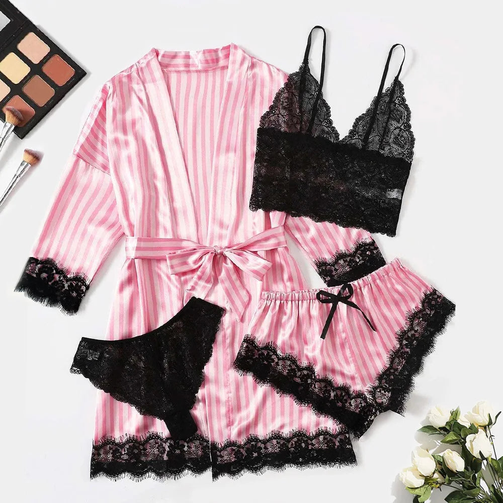 4pcs Women Striped Lingerie Set Lace Trim Robe Camisole Shorts Panties Nightwear Sleepwear