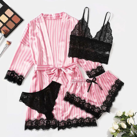 4pcs Women Striped Lingerie Set Lace Trim Robe Camisole Shorts Panties Nightwear Sleepwear