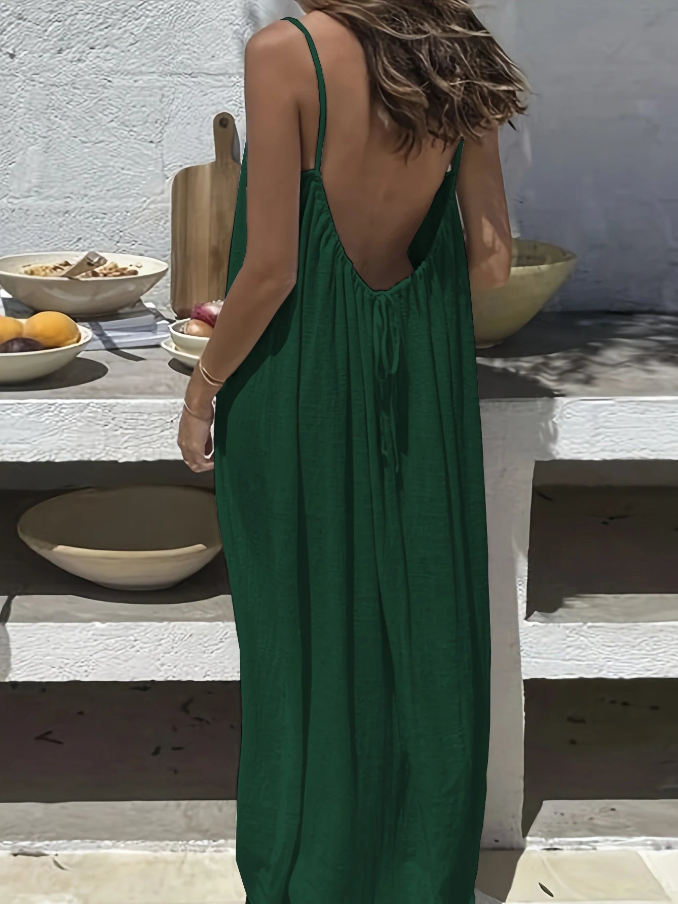 Backless Spaghetti Strap Cotton Long Dress