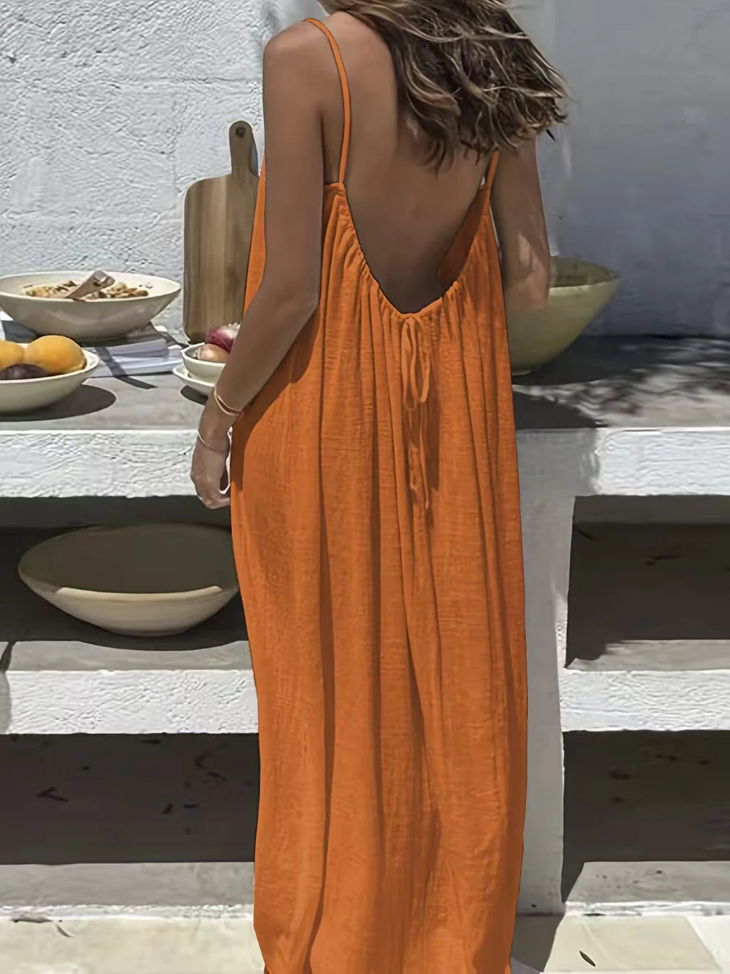 Backless Spaghetti Strap Cotton Long Dress