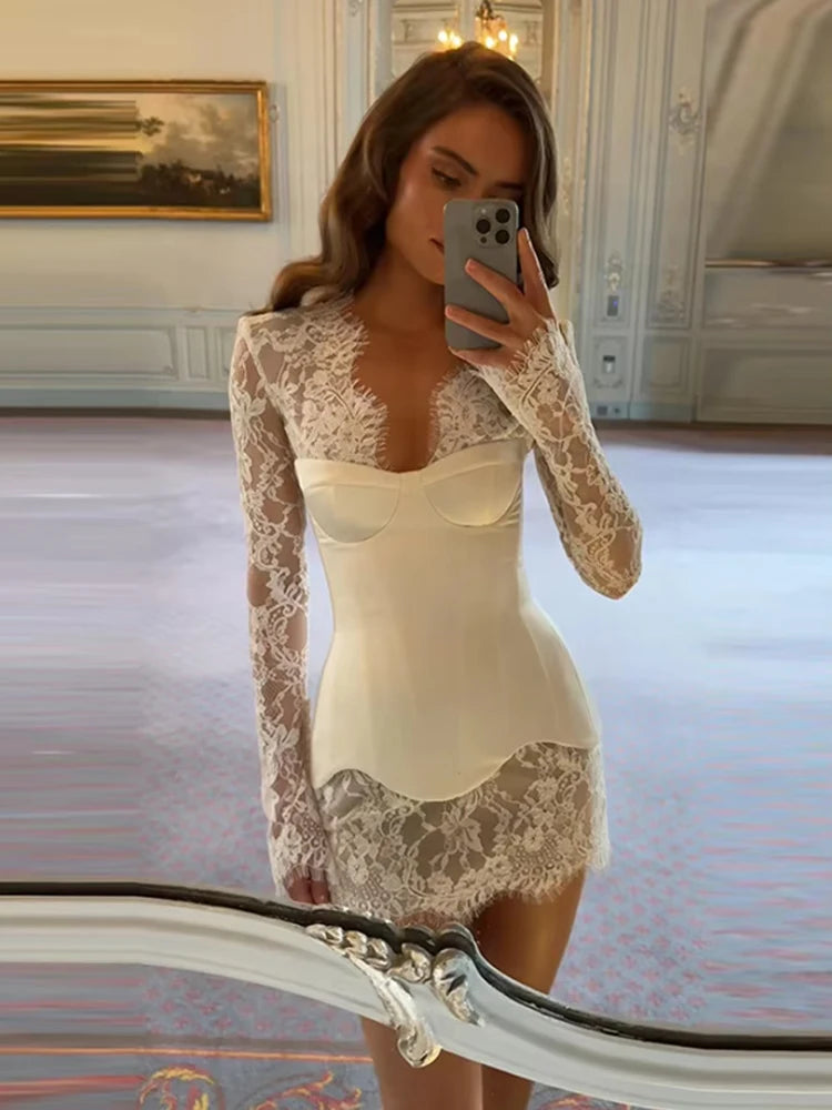 Sexy Corset Lace Dress Suit Strapless Fishbone Tops Slim Waist Long Sleeve Mini Dresses
