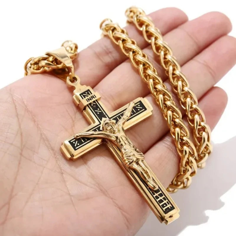 Premium 3D Engraved Stainless Steel Cross Necklace For Men Faith Jewelry, Waterproof & Sweatproof, No Fading Or Discoloration