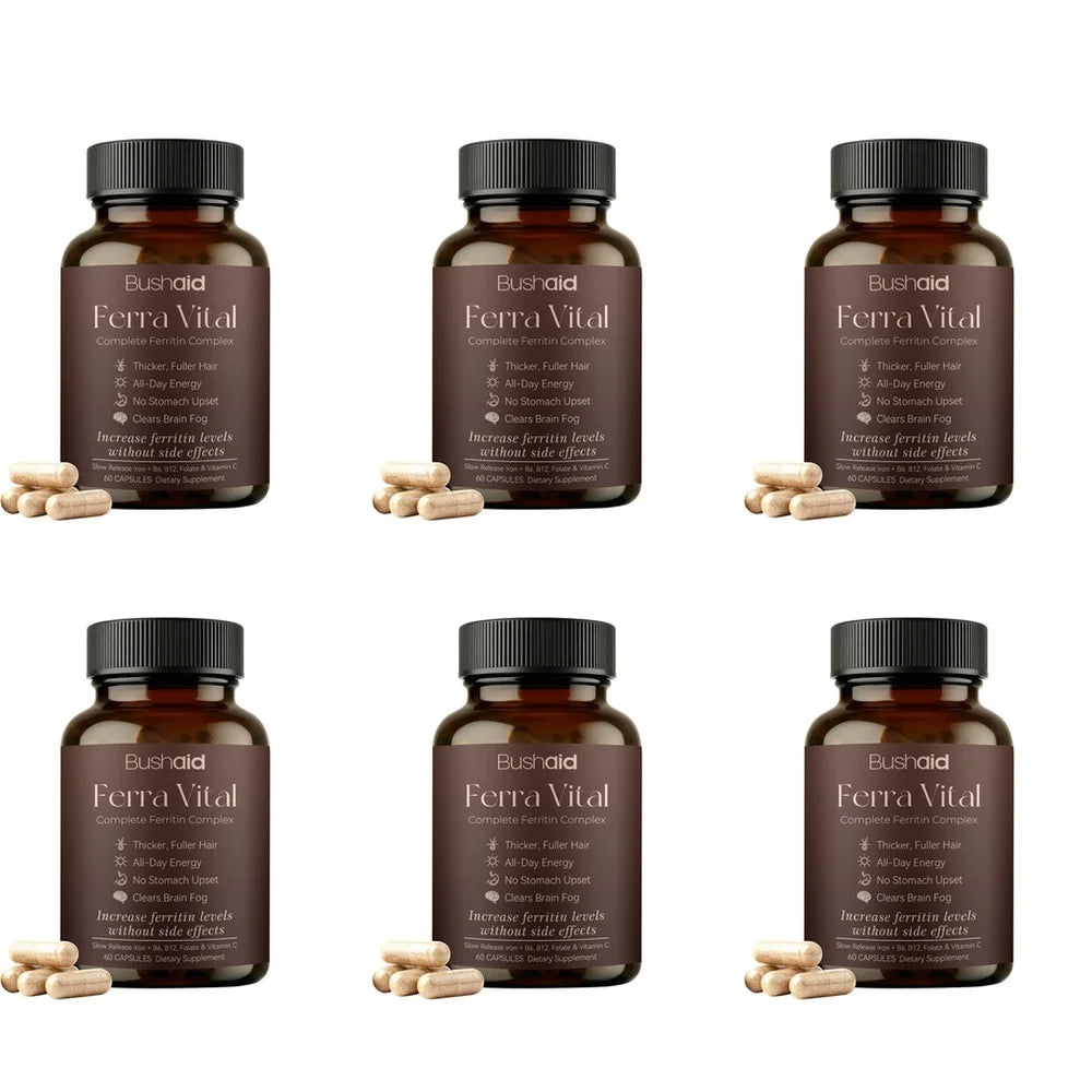 BushAid Ferra Vital Hair+ Capsules with Slow Release Iron, Zinc, Vitamins C, B6, B12, Folate for Strength and Shine 60 Capsules