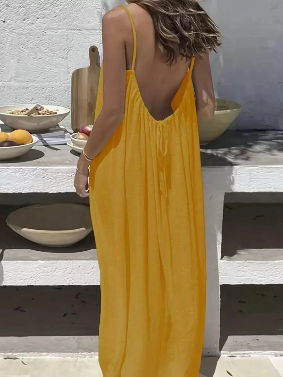 Backless Spaghetti Strap Cotton Long Dress