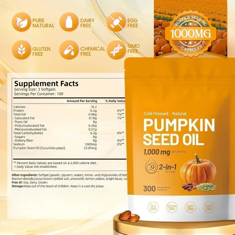 Pumpkin Seed Oil Capsules Cold Pressed Pure Virgin Oil Essential Fatty Acids Phytosterols 300 Softgels Supports Hair