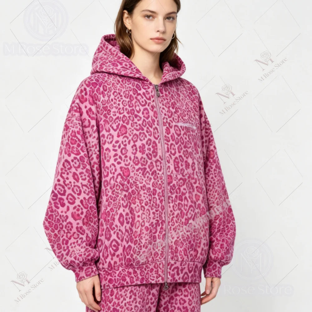 Retro Leopard Print Zipper Hoodie Sweatshirt Loose Casual Sportswear  Style Comfortable Streetwear