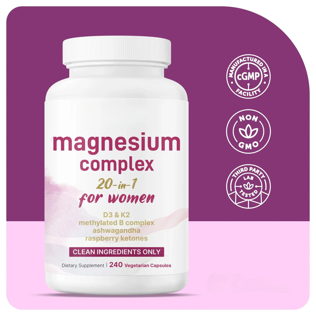 Magnesium Complex for Women, 240 Vegetarian Capsules | 20-in-1 Formula - Magnesium Blend with Vitamin D3, K2