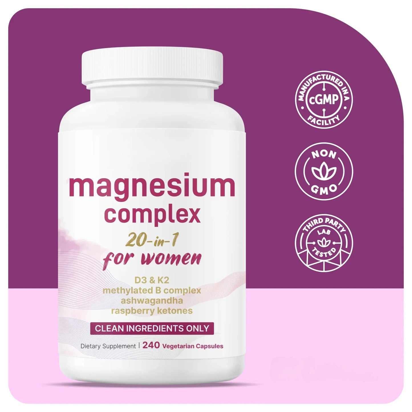 Magnesium Complex for Women, 240 Vegetarian Capsules | 20-in-1 Formula - Magnesium Blend with Vitamin D3, K2