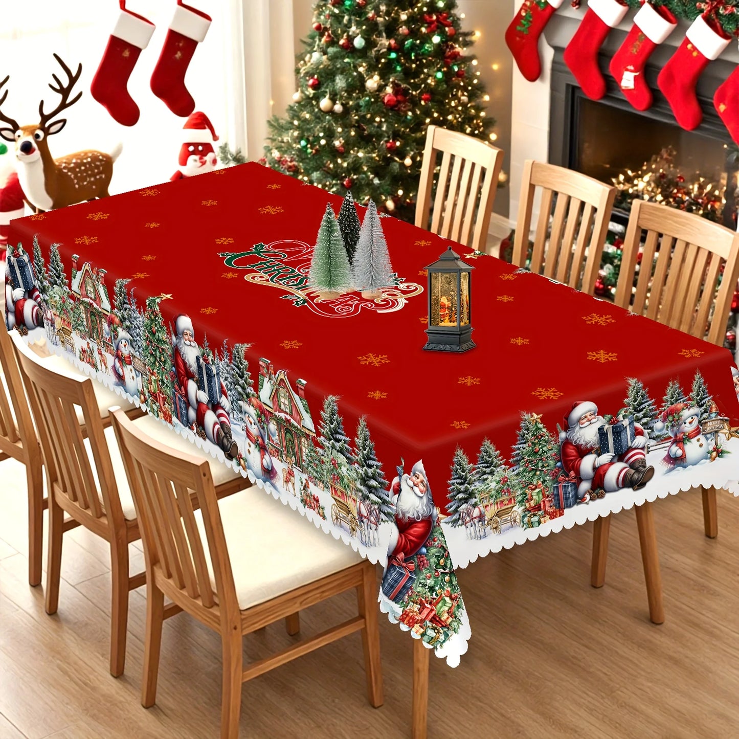 Christmas Themed Circular Rectangular Tablecloth Polyester Fiber Santa Claus Table Decoration