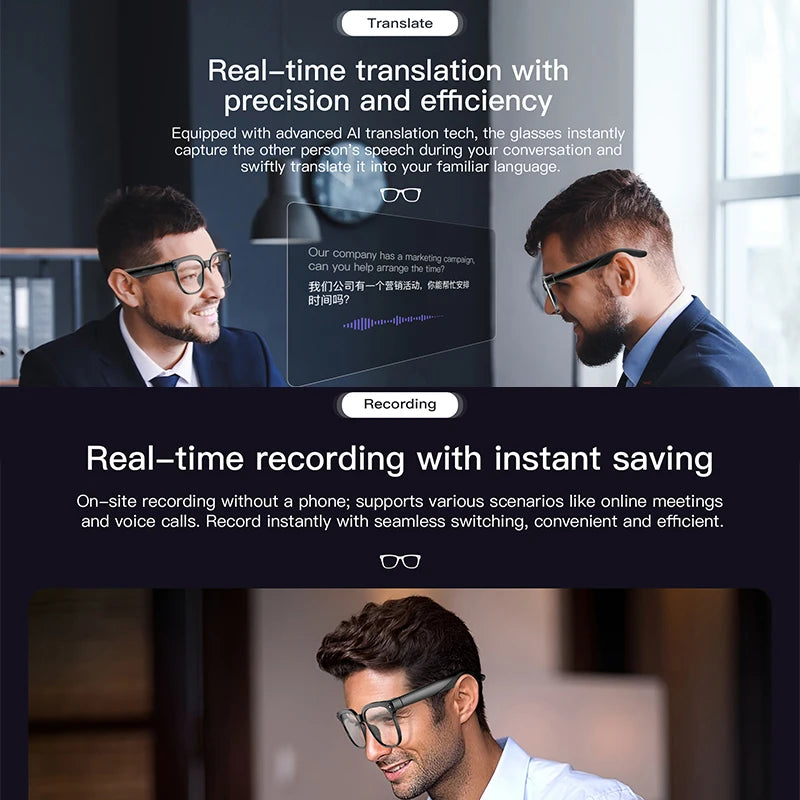 AI Smart Glasses AI Translation Smart Assistant 800W HD Camera Photo Video Recording