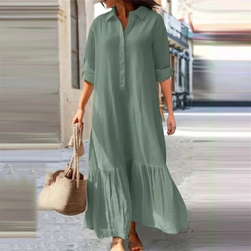 Women Simple Style Solid Color Cotton Linen Dresses