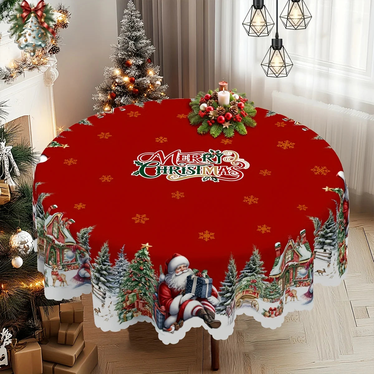 Christmas Themed Circular Rectangular Tablecloth Polyester Fiber Santa Claus Table Decoration