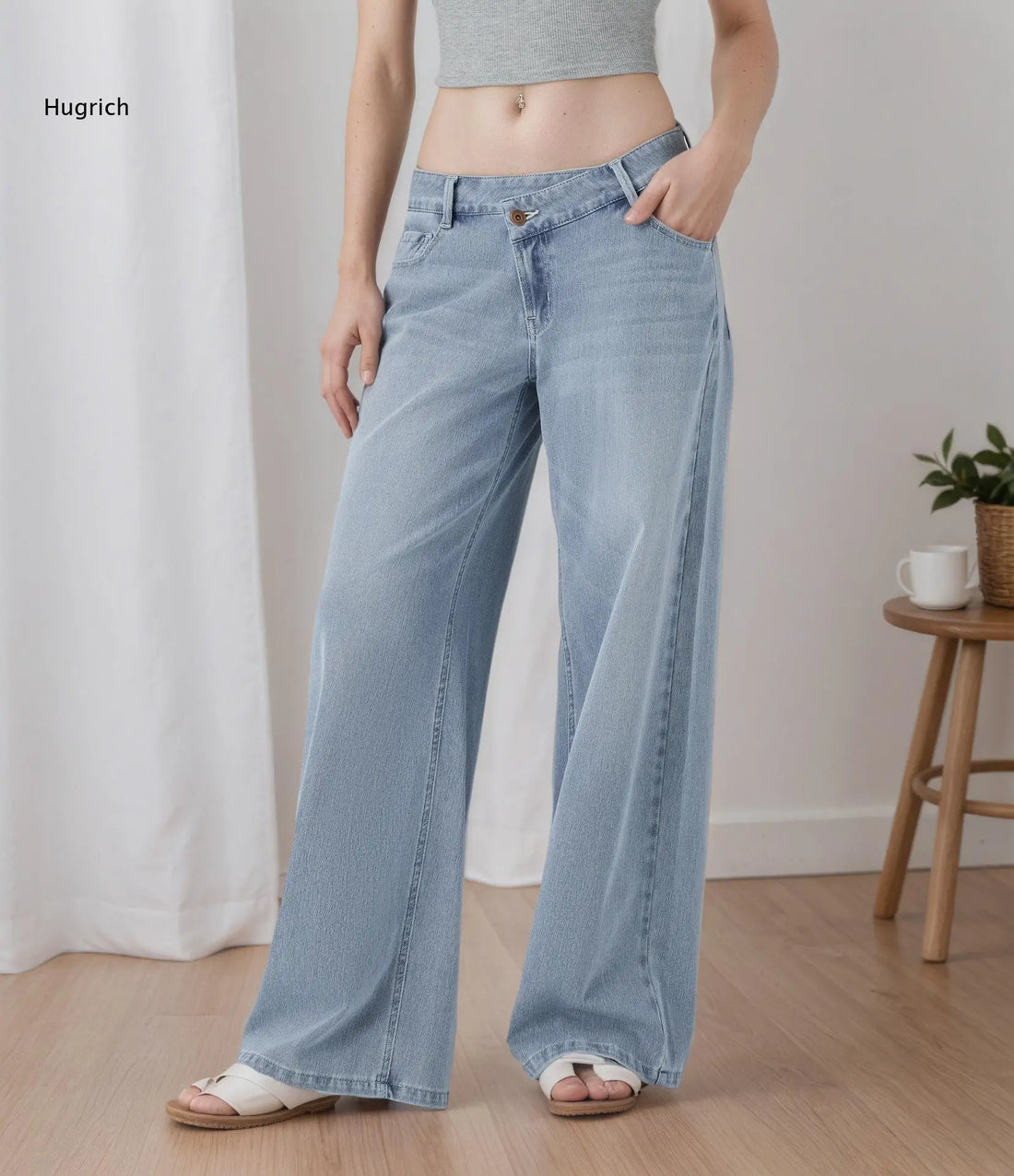 High Waist Light Blue Denim Jeans for Women Wide Leg Cut Relaxed Fit Everyday Wear Solid Color Spring Fashion
